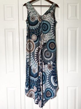 Sami & Jo Blue Patterned Jumpsuit w/ Pockets Size Small Y2K Teal & Brown Mandala